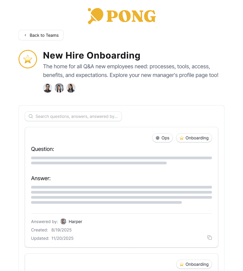Team Profile page showing organized Q&A
